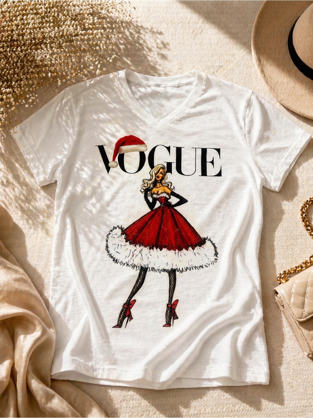 Vogue Holiday Graphic V-Neck Tee - White with Red Accent
